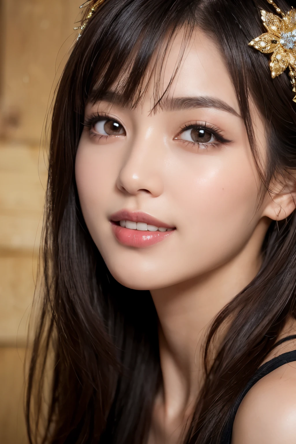 (masterpiece:1.3), High resolution, Super detailed, Highly detailed CG Unity 8k wallpaper, Realistic, photo-Realistic, RAW Photos, Beautifully detailed face, Pale skin, Realistic glistening skin, Detailed cloth texture, Detailed hair texture, Perfect body, Beautiful Face, Accurate, Anatomically correct, Highly detailed face and skin texture, Natural neck length, (Beautiful Hands), (Fair skin:1.1), (Good teeth alignment:1.1), (Sweaty skin:1.2), break, Fine grain, Symmetrical eyes, Light brown eyes, double eyelid, Thin eyebrows, (Glossy Lips:1.4), ((A face waiting for a kiss:1.2)), (blush:1.1), (Sparkly little hair accessories:1.1), (Beautiful smile:1.1), , (A classy and cute idol:1.3), , Medium large breasts, Slim figure, Toned Abs, ((Half Up, Black Hair, bangs:1.2)), (Cowboy Shot:1.2), (View your viewers), Shrine maiden's clothes, The background is a shrine,