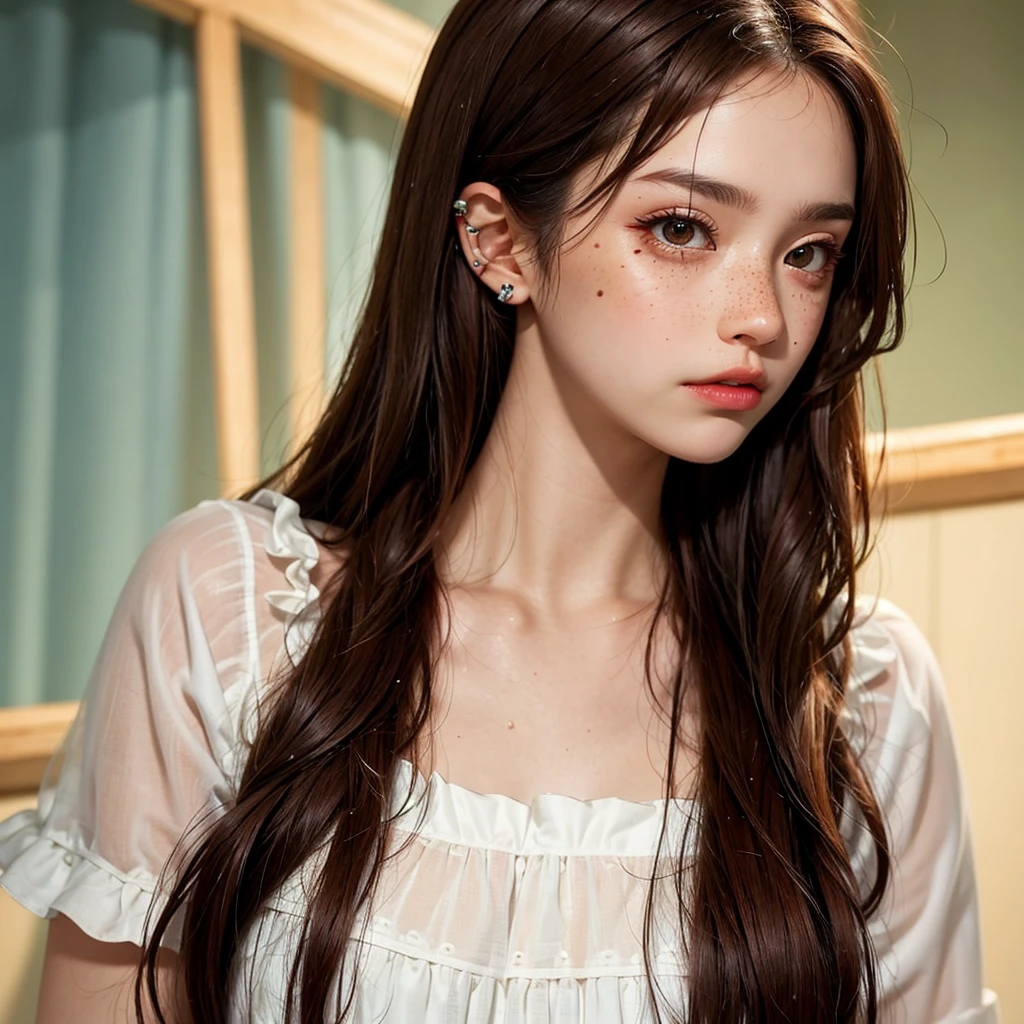 make me a pale blythe doll, with straight dark red hair and brown eyes, a lip piercing, and a nose piercing, no bangs, with a touch of wet hair, few dark circles, and few freckles