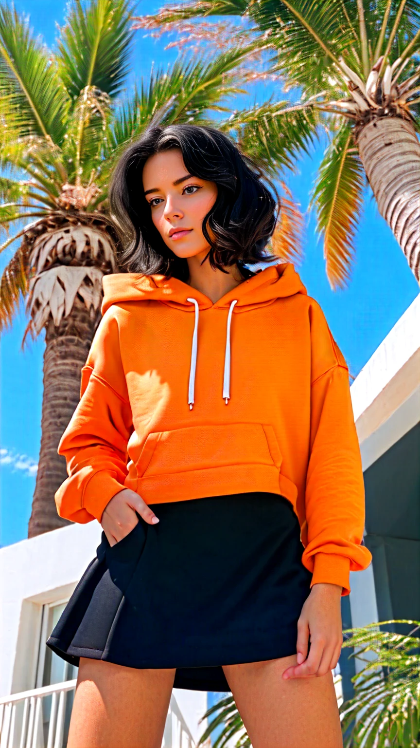 1 girl, wear ((orange oversized hoodie)), (purple tennis skirt),Best Quality,Masterpiece,Ultra High Resolution,(Realisticity:1.4),Original Photo, 1Girl, light leak,dark intens shadow,ultra high resolution,UHD,beautiful, black bob hair, almond eye, no makeup, in front of 80's architecture colorful motel, (from below:1.2), (realistic:1.2), (surreal:1.3), (very detailed:1.1), ((masterpiece)),summer, blue sky, palm trees,sunny, los angles vibes