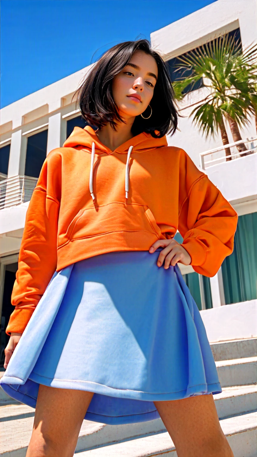 1 girl, wear ((orange oversized hoodie)), (purple tennis skirt),Best Quality,Masterpiece,Ultra High Resolution,(Realisticity:1.4),Original Photo, 1Girl, light leak,dark intens shadow,ultra high resolution,UHD,beautiful, black bob hair, almond eye, no makeup, in front of 80's architecture colorful motel, (from below:1.2), (realistic:1.2), (surreal:1.3), (very detailed:1.1), ((masterpiece)),summer, blue sky, palm trees,sunny, los angles vibes