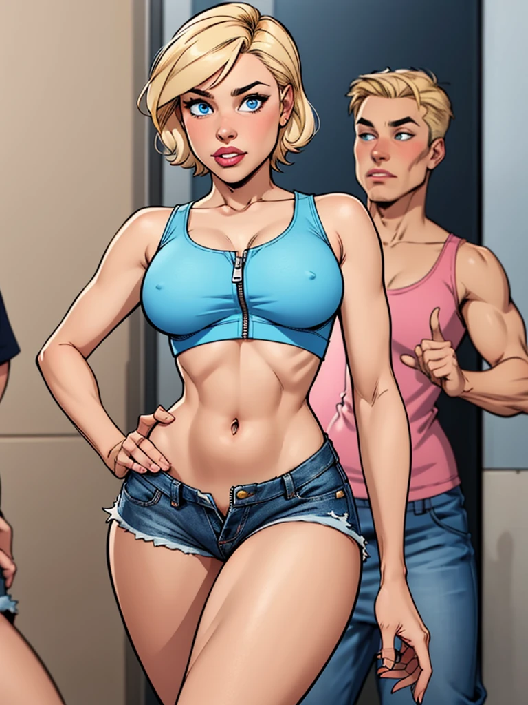 Young female, with blonde short hair, Blue eyes, wearing a tight blue tank top with a low neckline, wearing short, tight denim shorts with the zipper open, comic style