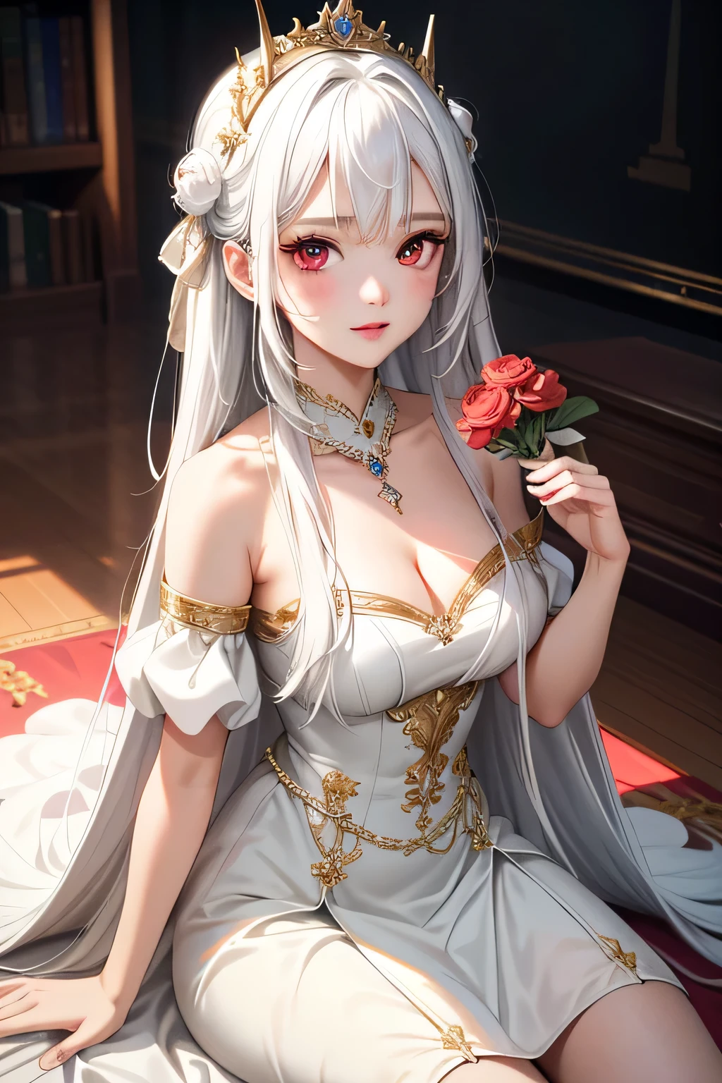 (best quality:1.1), (Masterpiece:1.2), Young woman, Shiny white hair, red eyes, long hair, ใบหน้าbeautiful, luxary dress, Medium bust, beautiful, collarbone, open chest, Bright face, Royal high, งานปาตี้ background, เครื่องประดับหรูหรา ((Highest quality, Best Performance, Maximum details, Light and shadow details:1.2, 4k details))