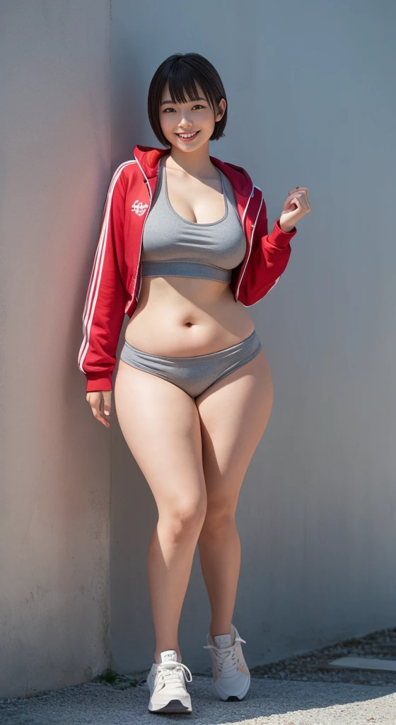 japanese very cute lady on the school gymnasium, cute smile face, face shadow,age20,enter the whole body,RAW photo, gray track suit, sneakers,  full body shot, ((((thick thighs)))), black short hair, small breasts, large buttocks, face shadow,best quality,realistic, photo-realistic, best quality ,masterpiece,an extremely delicate and beautiful,very realistic,extremely detailed,2k wallpaper, Amazing, finely detail, 8k wallpaper,huge filesize , ultra-detailed, highres, extremely detailed,realistic, 8K, Ultra-High Definition, highest quality, ultra high resolution, (realistic:1.4), High quality texture
