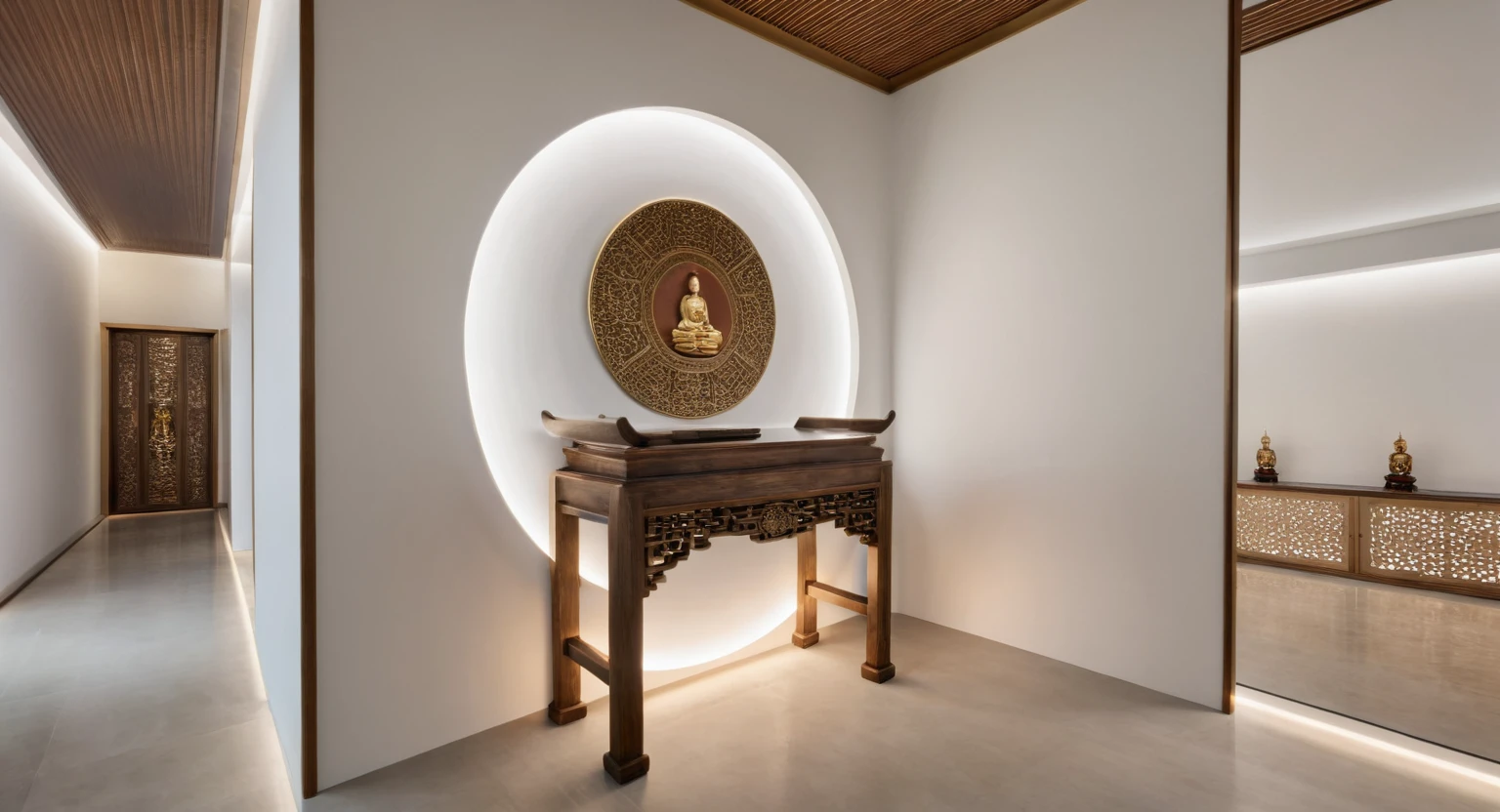 (masterpiece:1.2), (best quality,:1.2), 8k, HDR, ultra detailed, ((photorealistic)), professional light, cinematic lighting, fashion photography, ambient lighting, atmospheric effects, a round altar in the middle of a small temple with CHINESE BUDDHIST on it, epiCPhoto, ((white wall :1.3))