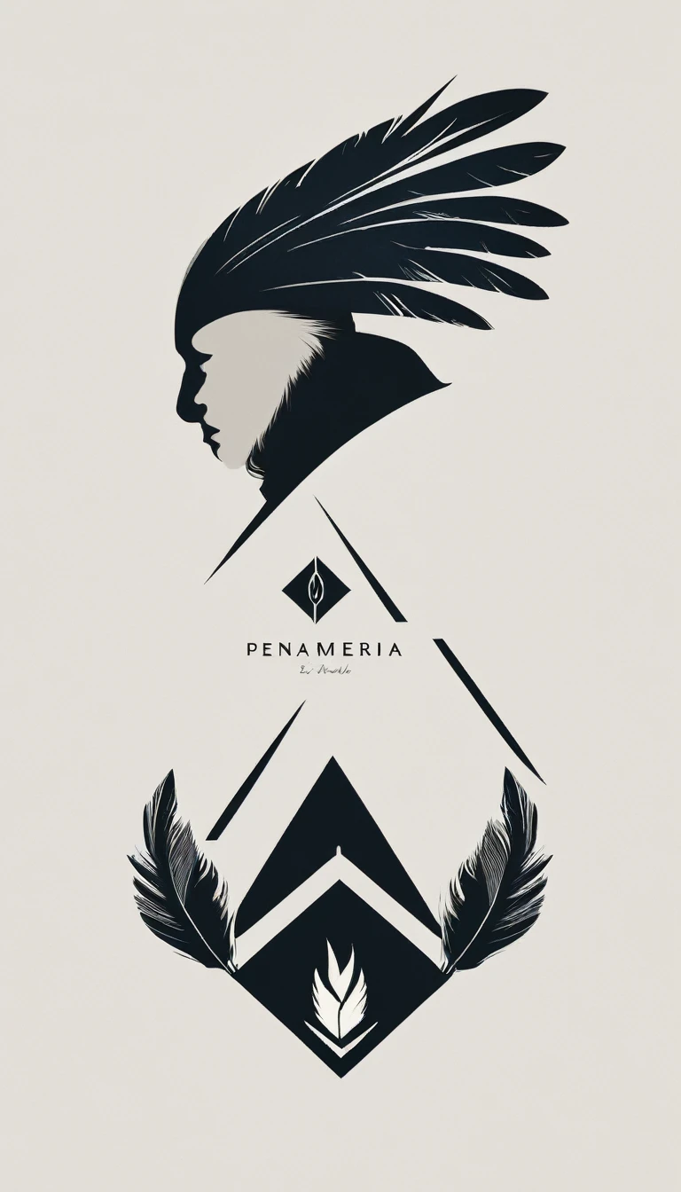 A minimal, modern, simple, cinematic logo design e of a boy with a head full of feathers for the brand “Penamemoria" .