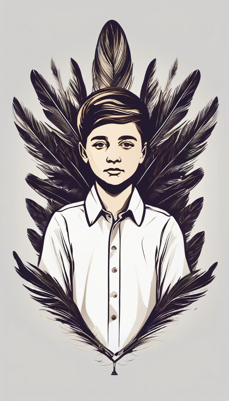 A minimal, modern, simple, cinematic logo design e of a boy with a head full of feathers for the brand “Penamemoria" .