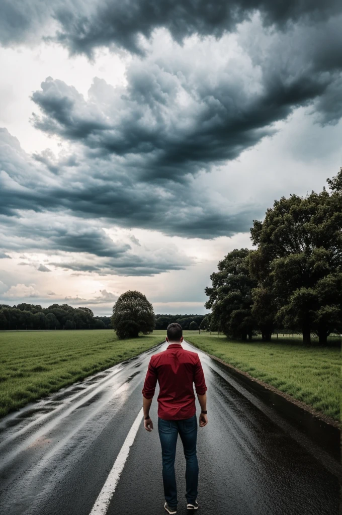 A field with a road in the middle with cloudy weather about to rain and with a person in a red shirt and jeans with his back in the middle of the road looking up