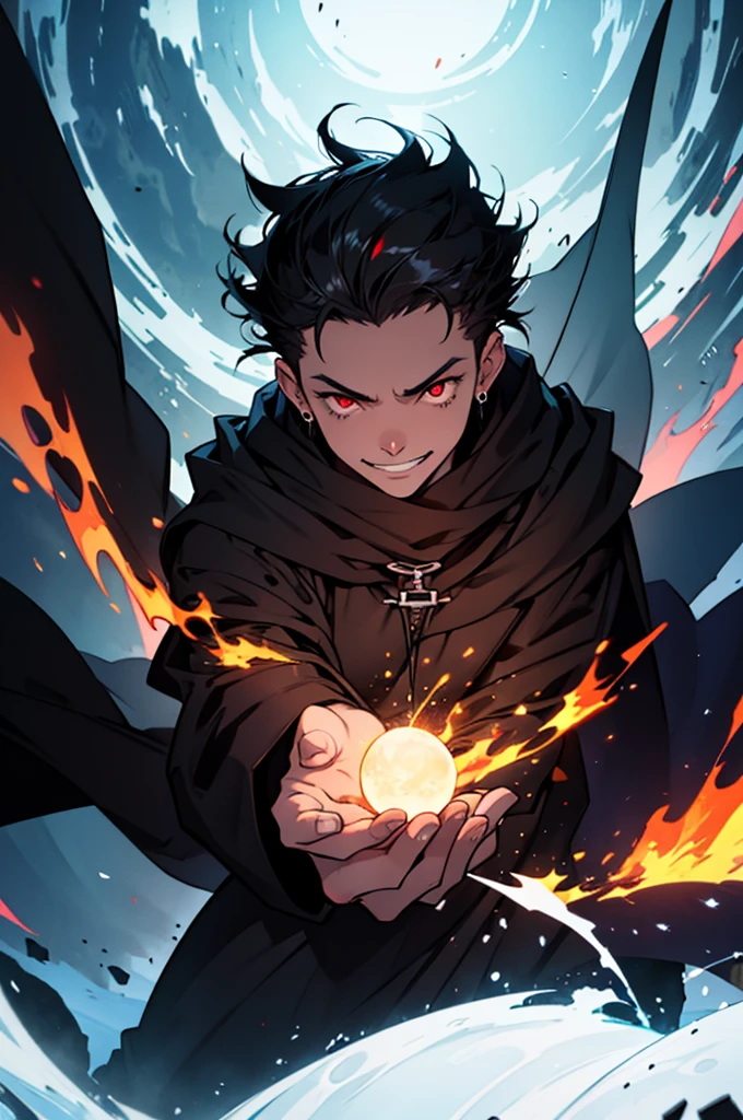 (Absurd, High resolution, Ultra-detailed), masterpiece, Highest quality, A man wearing black clothes and a black cloak, Has a black hole ,Holding a black hole in hand , 公式characterアート, short hair, Black Hair, Brightly glowing red eyes, Finely grained, Spiky Hair, City in Ruins, Dark Background, Black Swirl, Black swirl, Looking up from below, Looking up, Grin, character