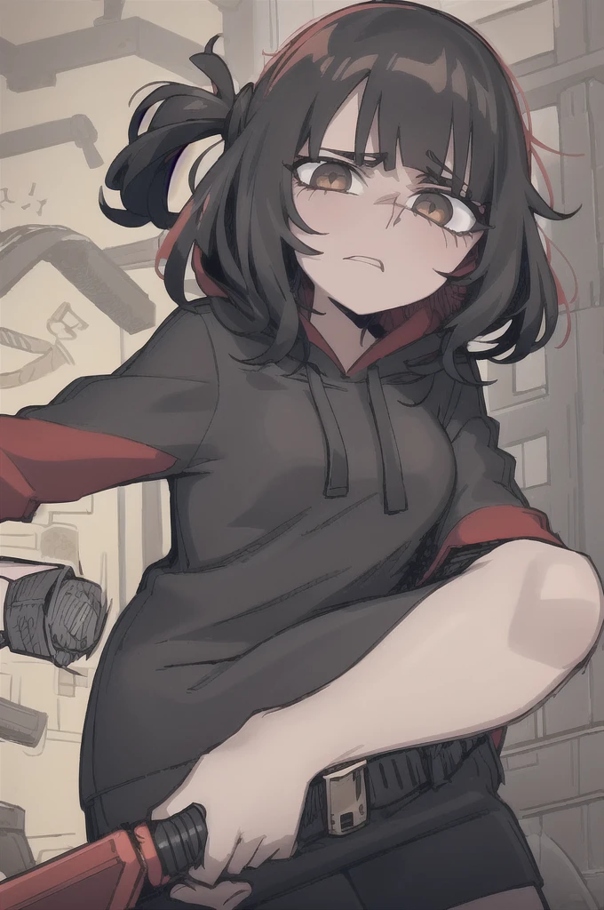 Girl, medium-length black haired, brown eyes, tired expression, red hoodie, airheaded, holding the black sword, beige dress underneath the red hoodie.