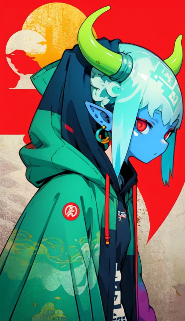 oniNFT, solo, 1girl, horns, female focus, colored skin, street clothes, hoodie, tight pants, colored sclera, pointy ears, blue skin, upper body  