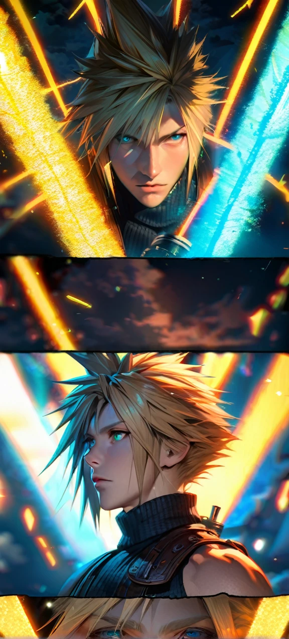 Symetrical,absurdres, highres, ultra detailed, HDR, masterpiece, extremely detailed face and eyes, Cloud Strife,final fantasy 7, yellow hair , , solo, man, handsome, ,, , cool pose, yellow lightning effect, glowing glitters, symetrical ,