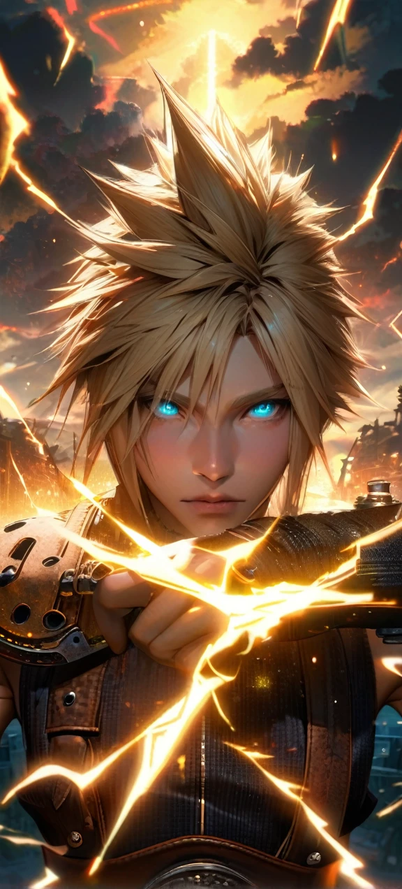 Symetrical,absurdres, highres, ultra detailed, HDR, masterpiece, extremely detailed face and eyes, Cloud Strife,final fantasy 7, yellow hair , , solo, man, handsome, ,, , cool pose, yellow lightning effect, glowing glitters, symetrical , 