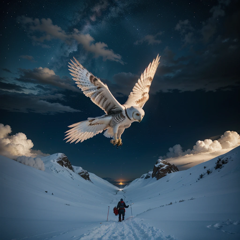 snow owl, flying, snow scene background, , mysterious clouds, surprised expression, Incredible views, Unavailable, In the sky, Legend, stars lighting up the night sky, Fly free, adventure, steps, High mountains, wonderful sunset, Fly all you want, through the clouds, Spirit of adventure, Shocking scene with spread wings, Huge starry sky, fusion of tradition and modernity./Masterpiece Illustration, high quality, 8k, high resolution