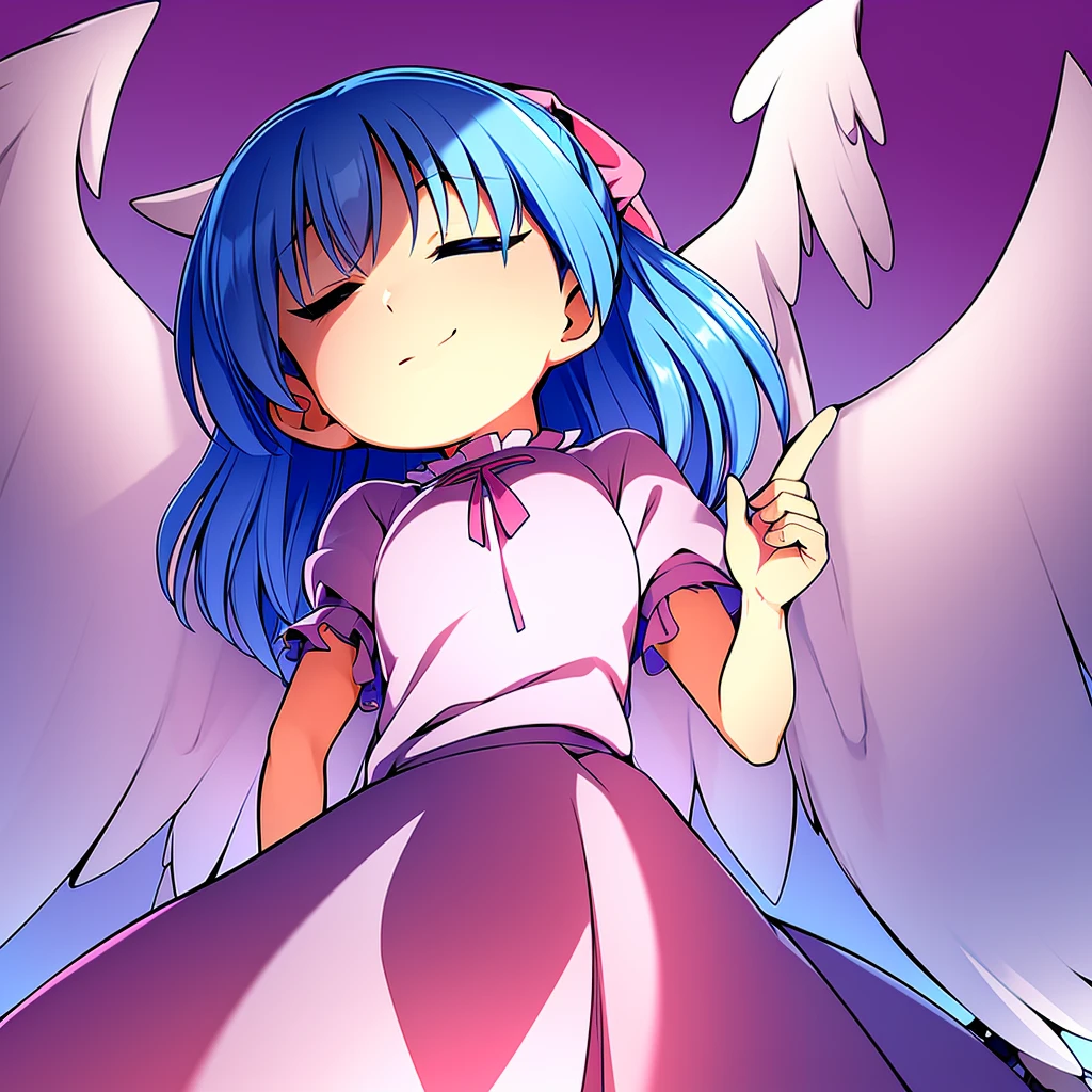 masterpiece, best quality, 1girl, , , 10 years old, medium blue hair, hair flaps, pink ribbon on head, well-formed face, blue eyes, angel girl, white blouse, puffy short sleeves, red ribbon, angel wings, long white skirt, red shoes, frills, ribbon head, from behind, to lift up one’s skirt, cowboy shot, from front, standing , raise one leg, crossed arms, arms up behind, arms behind back, hand between legs, put hands hip, one hand on hip, forward hands, arms raised in the air, punch hands, peace sign, waving, put up index finger, sit, lie down, closed eyes, lie face down, looking back, put one hand chest, leaning forward, cleavage, close up, horizontally outstretched arms, horizontally outstretched legs, front view, front face