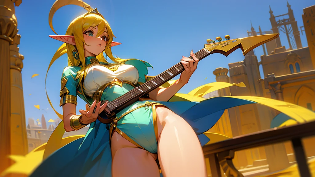 Anime Style,Nostalgic,Detailed Egyptian city background,Beautiful Elf Bard,guitar,Large Breasts,Healthy thighs