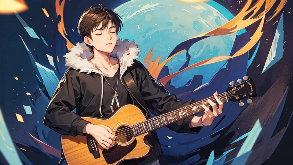 Time is midnight。At a distance、A man around 18 years old is playing an acoustic guitar alone with his eyes closed.。