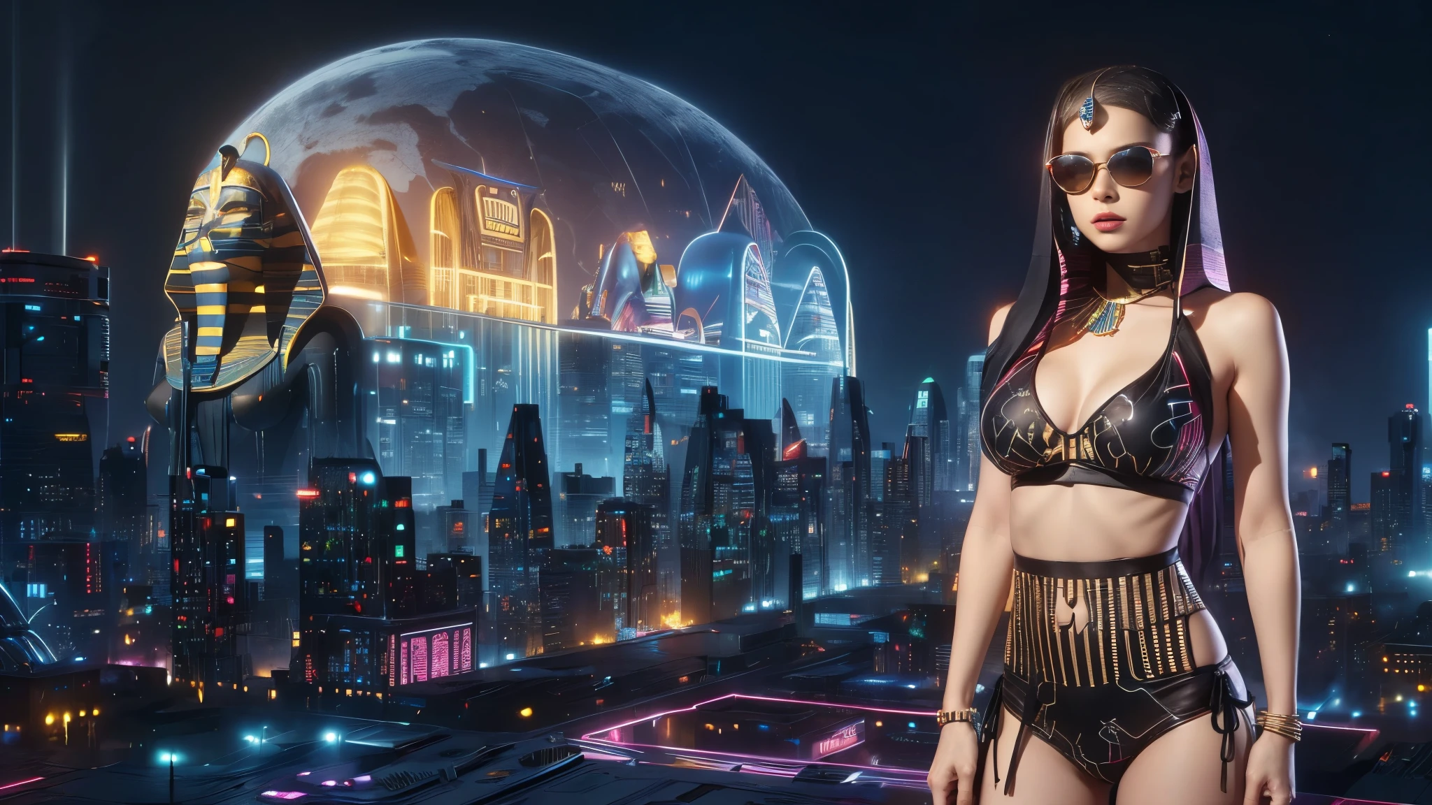 (((a medium-breast bikini slim GIRL with black micro sunglasses))), (((aiming at viewer with a pistol))), a balcony of a futuristic building, aerial view of an ultra-futuristic megalopolis, many metal buildings and houses in dark colors from dark blue to black, a cidade tem tons de cinza metal, has smoky metal structures , industrial environment with smoke and fog around, carros escuros nas ruas, desert megalopolis, trilhos e trens modernos de de metal passando estre as ruas da cidade, tall futuristic metal buildings, many ultra modern buildings around, (((an Egypt sphinx statue on the top of building))), realistic, detailed, sci-fi.
