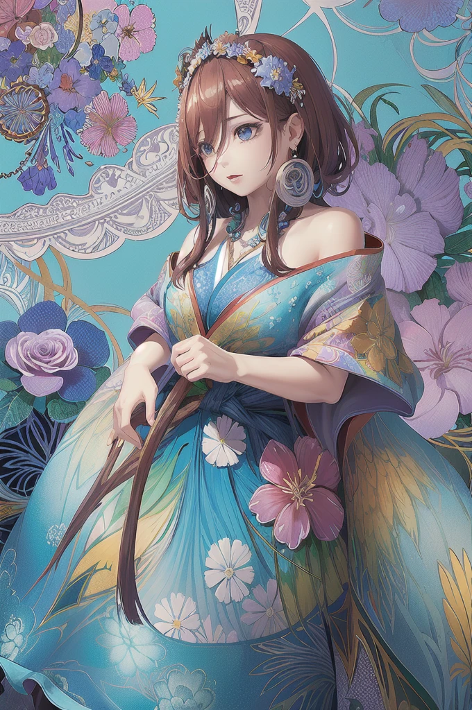 (masterpiece、top-quality、top-quality、Official art、Beautifully Aesthetic:1.2)、A highly detailed、(Fractal Art:1.1)、(colourfull:1.1)(florals:1.6)、The most detailed、(zentangle:1.2)、(Dynamic Poses)、(Abstract background:1.3)、(shinny skin)、(Many colors:0.8)、、(earrings:1.4)、(feather pen:0.9)、Taisho romance