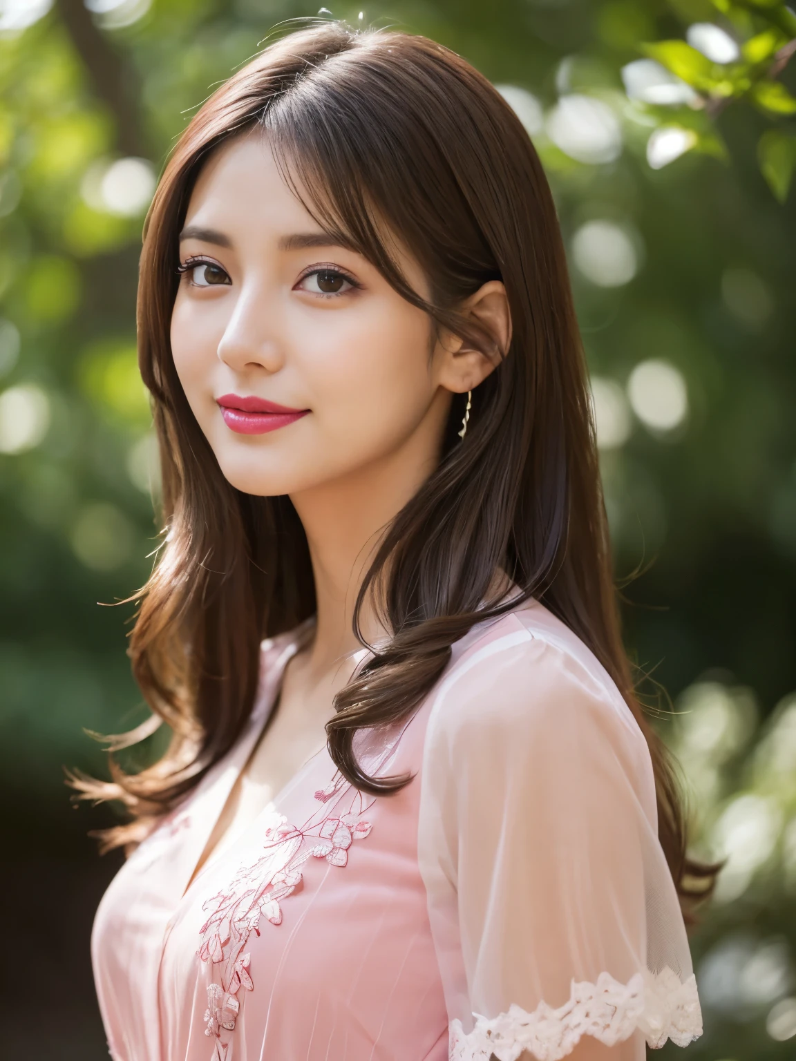 (RAW Photos), (Photo Real), (masterpiece), (Highest quality), High resolution, 8K resolution, (Intricate details), (Volumetric Light), Portraiture, woman, 30 years old, Long Hair, Layered Hair, Brown Hair, Highly detailed eyes, Source order, Very thin eyebrows, Highly detailed skin, Normal bust size, Highly detailed mouth, Highly detailed nose, Cute like an idol, smile, ((Pink lipstick)), ((Look at the viewers)), (An elegant and transparent red see-through short-sleeved dress), ((Randomly oriented bodies)), Green park background,