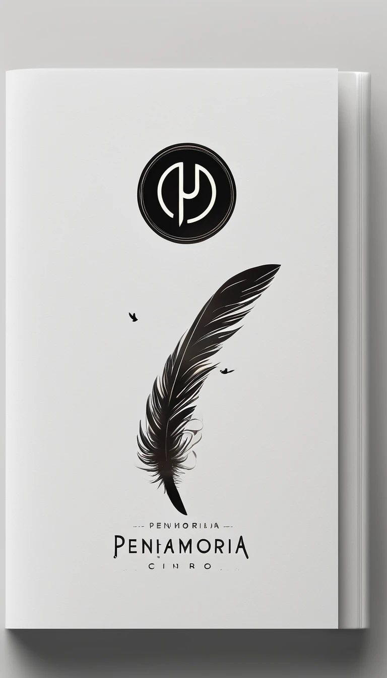 A minimal, modern, simple, cinematic logotype for the brand “Penamemoria". The logotype must be a simple, magical feather and a boy playing acoustic guitar. The logo must convey a sense of music, stories and dreams. Logo design impressed on a book cover. Minimalistic logo