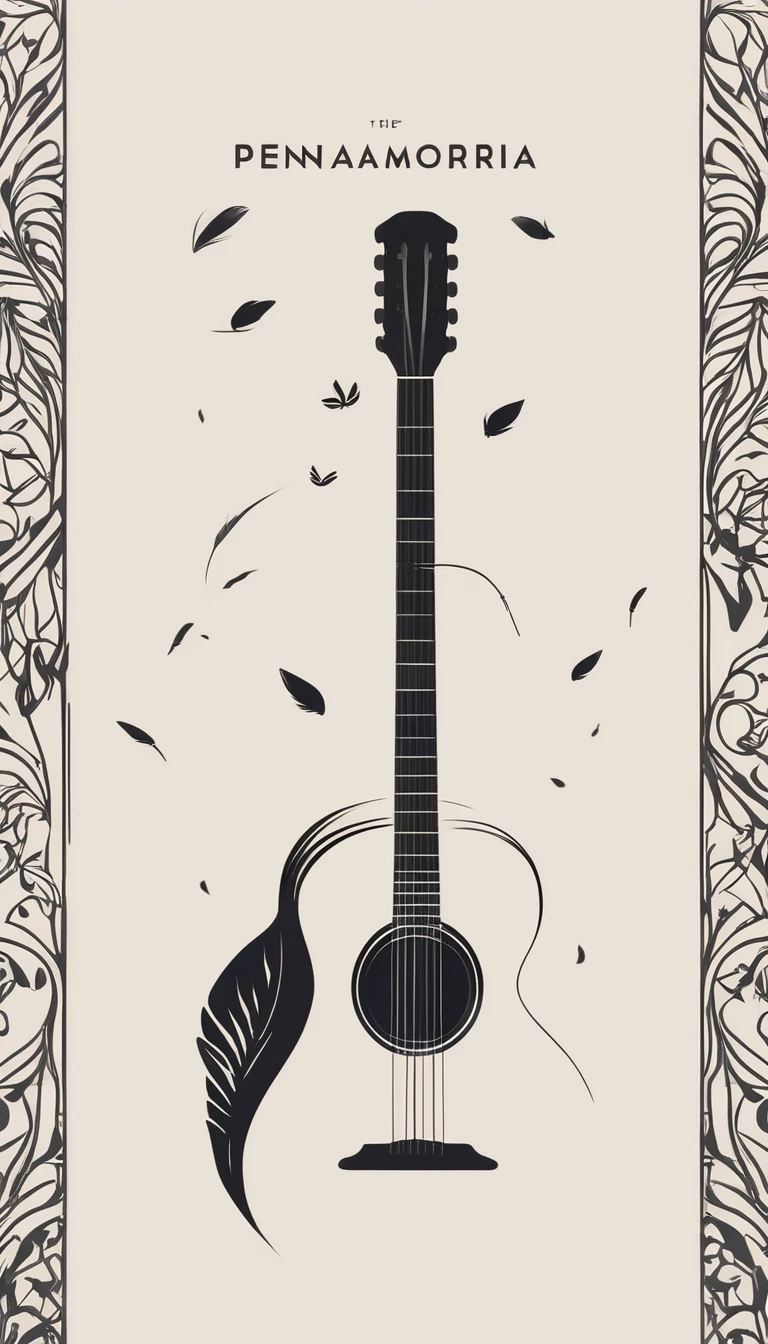 A minimal, modern, simple, cinematic logotype for the brand “Penamemoria". The logotype must be a simple, magical feather and a boy playing acoustic guitar. The logo must convey a sense of music, stories and dreams. Logo design impressed on a book cover. Minimalistic logo