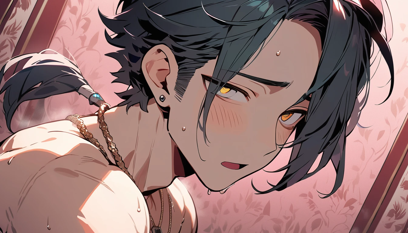 ((((best masterpiece, best quality, wallpaper,)))) solo, guy, male body, small muscles, flat chest, 1male, 30 years old, handsome man, dramatic angle, upper body, looking at viewers, beautiful detailed, mediumturquoise hair, ((((Lower short ponytail)))), asymmetrical bangs, ((short hair,)) blush stickers, sweat, ((( jitome, gold eyes, ^o^, tareme, droopy eyes,))) (((perfect face, extremely detailed eyes,))) perfect hands, sharp nose, clear face, black turtleneck, grey cardigan, ((silver piercing, pendant,)) leggings, pink background color ultrasharp, 8K, masterpiece,