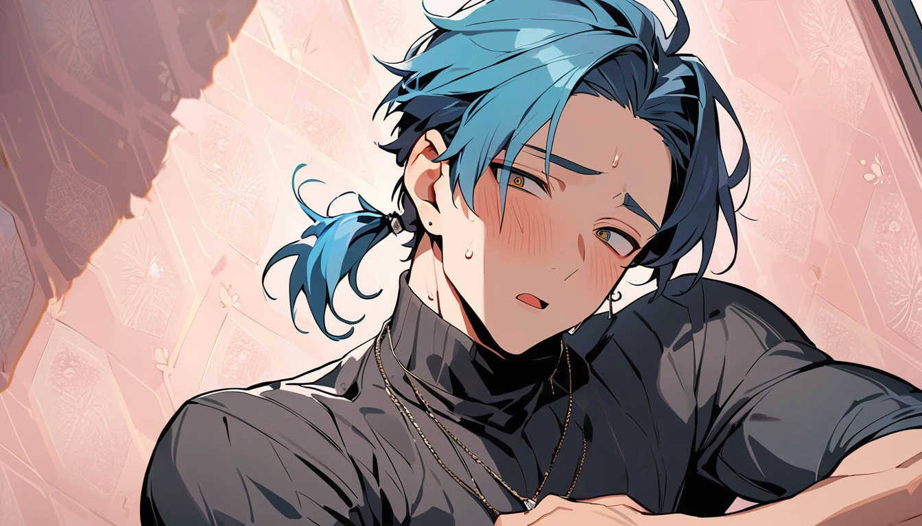 ((((best masterpiece, best quality, wallpaper,)))) solo, guy, male body, small muscles, flat chest, 1male, 30 years old, handsome man, dramatic angle, upper body, looking at viewers, beautiful detailed, mediumturquoise hair, ((((Lower short ponytail)))), asymmetrical bangs, ((short hair,)) blush stickers, sweat, ((( jitome, gold eyes, ^o^, tareme, droopy eyes,))) (((perfect face, extremely detailed eyes,))) perfect hands, sharp nose, clear face, black turtleneck, grey cardigan, ((silver piercing, pendant,)) leggings, pink background color ultrasharp, 8K, masterpiece,