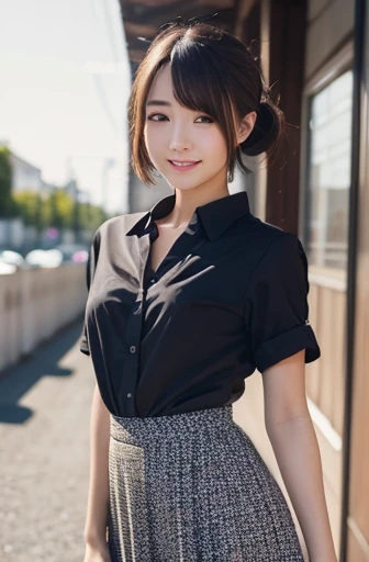 masterpiece:1.3), (8K, Realistic, RAW Photos, Best image quality: 1.4), Japanese schoolgirl、(Random Hairstyles:1.2)、Highly detailed face、Attention to detail、double eyelid、Chest to chest、Sharp focus:1.2、Beautiful woman:1.4、Light brown hair、Highest quality、masterpiece、Ultra-high resolution、(Realistic:1.4)、Detailed and professionally lit smiles、Loose、thin、Shorthair、Deadly position、whole body、skirt、sexy、
