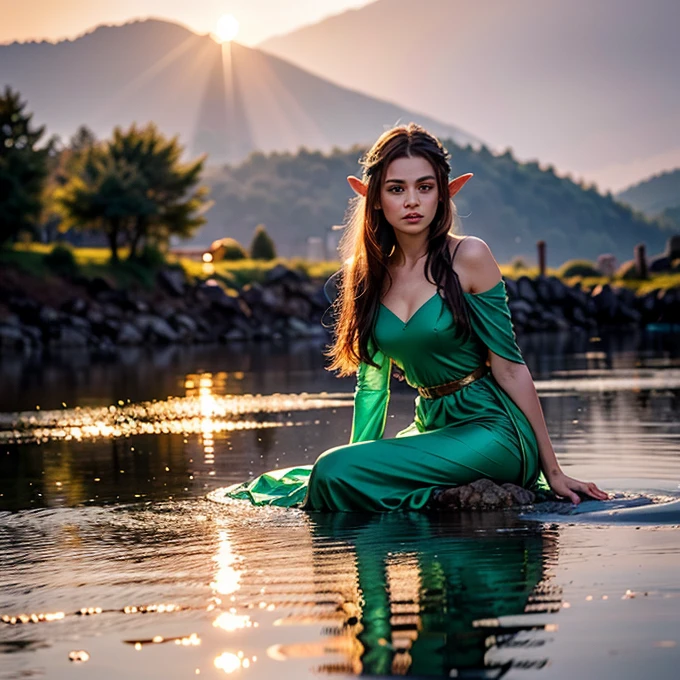 A beautiful young female elf, dressed in an elegant bright multicolored dress, long and pompous. She is sitting on the shore of a magical lake with clear waters.. His feet are in water. Against the backdrop of a beautiful sunset that highlights the figure of the elf and her beautiful face, You can also see an elven palace that appears to be made of glass in the reflection of sunlight., the image evokes pair, tranquility and beauty, hyperdetailed, soft light, real lights and shadows.