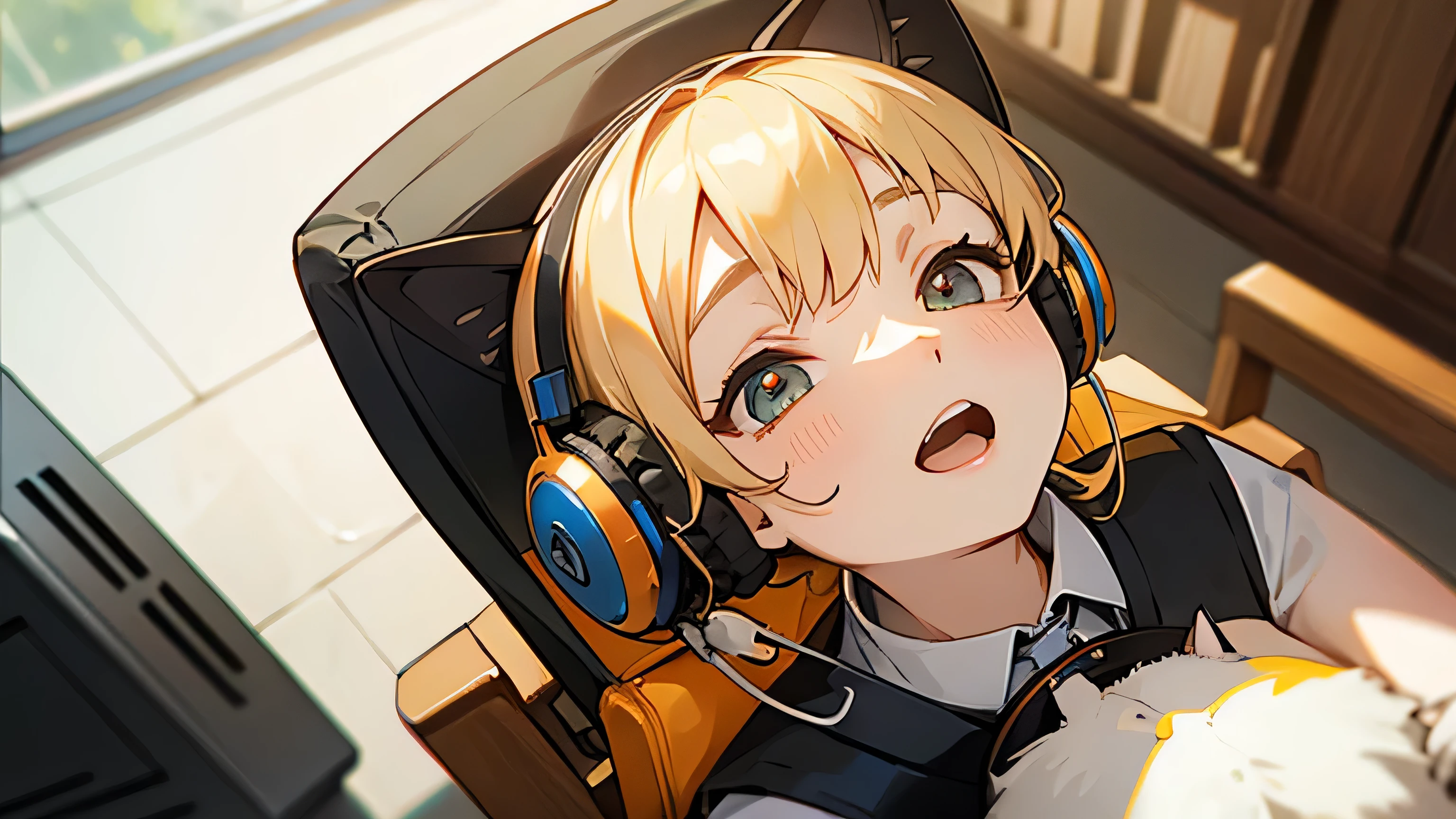 Room with speakers、Cat with headphones、Face close-up、noon、Blonde、Looking up with open mouth、Sitting in a chair