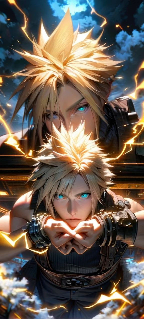 Symetrical,absurdres, highres, ultra detailed, HDR, masterpiece, extremely detailed face and eyes, Cloud Strife,final fantasy 7, yellow hair , , solo, man, handsome, ,, , cool pose, yellow lightning effect, glowing glitters, symetrical