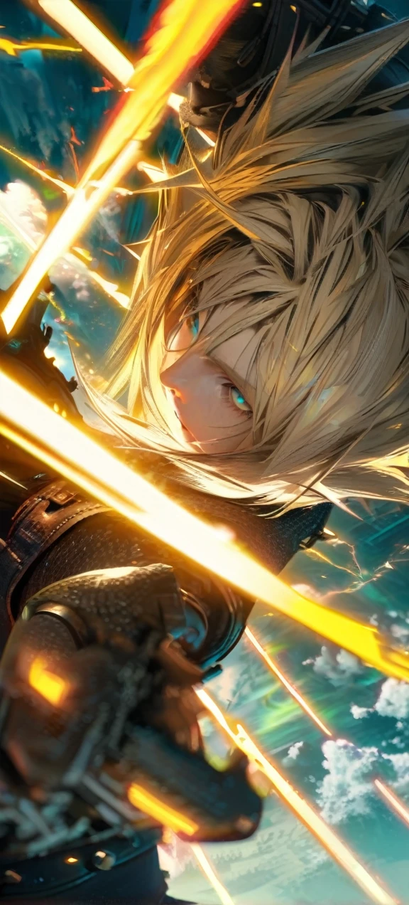 Symetrical,absurdres, highres, ultra detailed, HDR, masterpiece, extremely detailed face and eyes, Cloud Strife,final fantasy 7, yellow hair , , solo, man, handsome, ,, , cool pose, yellow lightning effect, glowing glitters, symetrical