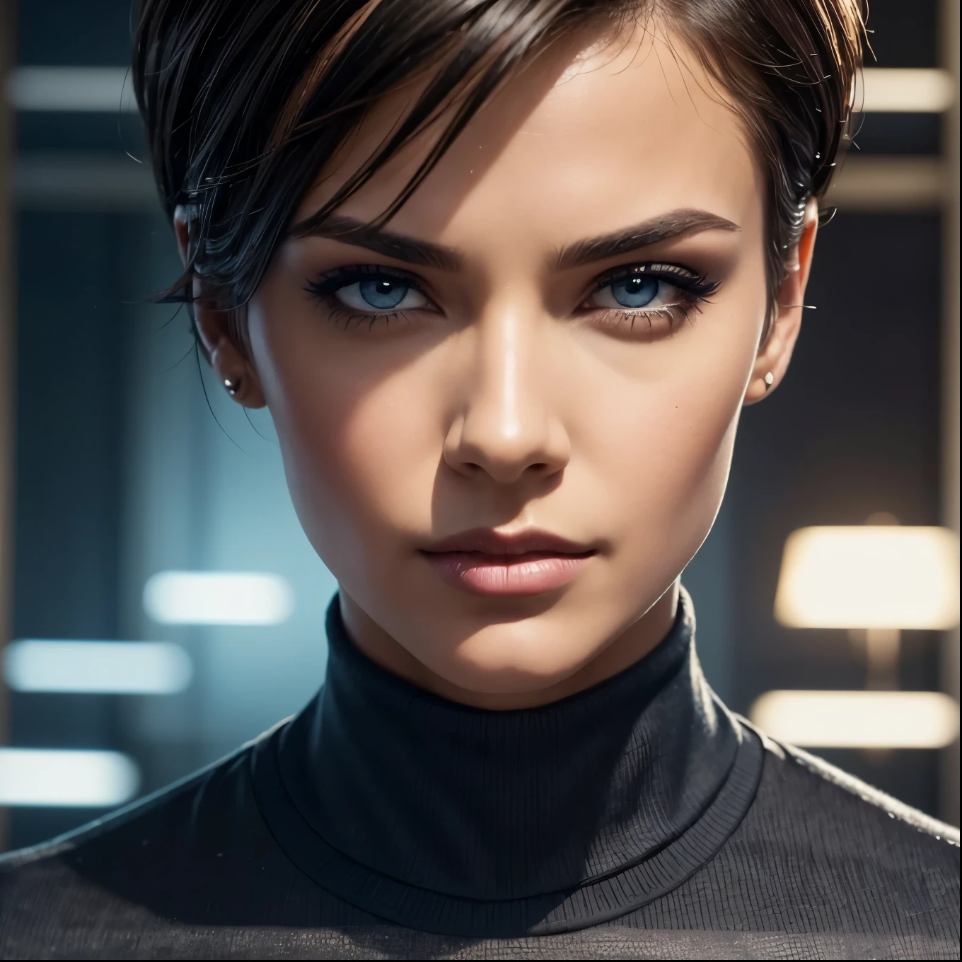 a close up of a man in a suit with a short haircut, wearing a blue shirt and a black turtleneck, Eve Ryder, star trek, character portrait, dau-al-set, detailed, award winning, ultra realistic, photorealistic, 8k, hyperdetailed, cinematic lighting, dramatic shadows, rich colors, sharp focus