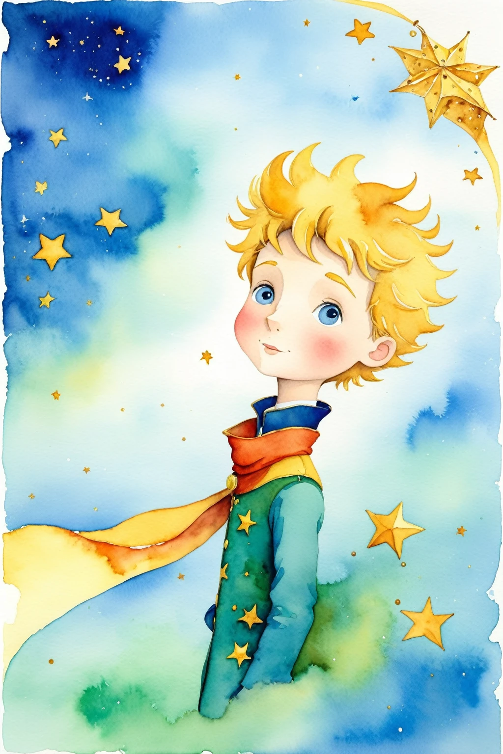 Watercolor painting,"The Little Prince's Starry Night" In this sea of stars,a pair of small gentle hands caressing the moon,how to take care of delicate life,the little prince is using his true and sincere dialogue with the stars and the moon. Moonlight bloomed on his palm like the beginning of a dream,taking us to a warm and mysterious world. Every breath of the little prince is full of curiosity and longing for the unknown world,and the stars around you are as mysterious and dazzling as your inner world. Neste momento,the little prince and the moon and starlight intertwined in resonance,played an eternal song from the heart. The little prince's delicate rose looked at him with his head bowed,