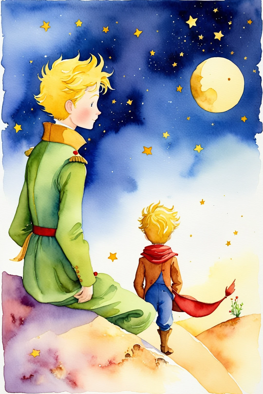 Watercolor painting,"The Little Prince&#39;s Starry Night" In this sea of stars,a pair of small gentle hands caressing the moon,how to take care of delicate life,the little prince is using his true and sincere dialogue with the stars and the moon. Moonlight bloomed on his palm like the beginning of a dream,taking us to a warm and mysterious world. Every breath of the little prince is full of curiosity and longing for the unknown world,and the stars around you are as mysterious and dazzling as your inner world. Neste momento,the little prince and the moon and starlight intertwined in resonance,played an eternal song from the heart. The little prince&#39;s delicate rose looked at him with his head bowed,