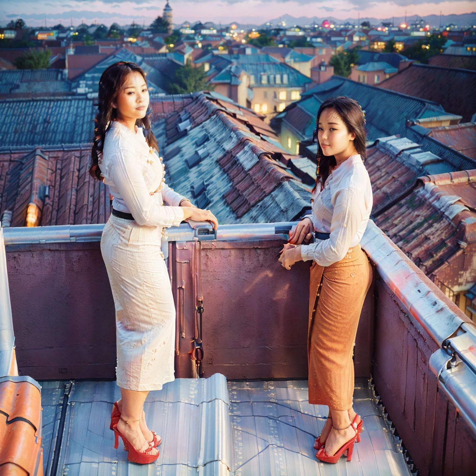 Burmese beautiful woman, 1 girl, solo, (((pretty lady MoonLay))), (pretty lady MoonLay's seductive face), cute smile, red lips, (standing and lean against the balcony handrail pose:1.5), (looking to the sky:1.6), (night with starry sky:1.5), smooth face skin, traditional beauty, cinematic portrait glow lighting, traditional dress, ((in a white shirt and red skirt:1.5), high heel, (full body view:2), (two story building rooftop balcony with vibrant colorful small townscape background:1.5), (cinematic bokeh deep blur background:1.5), (cinematic enhance HDR portrait glow lighting))), perfect anatomy, cannon mark v, DSLR quality, cinematic lighting, perfect anatomy, perfect face, perfect dress, perfect shin and calf, perfect hands, perfect toes