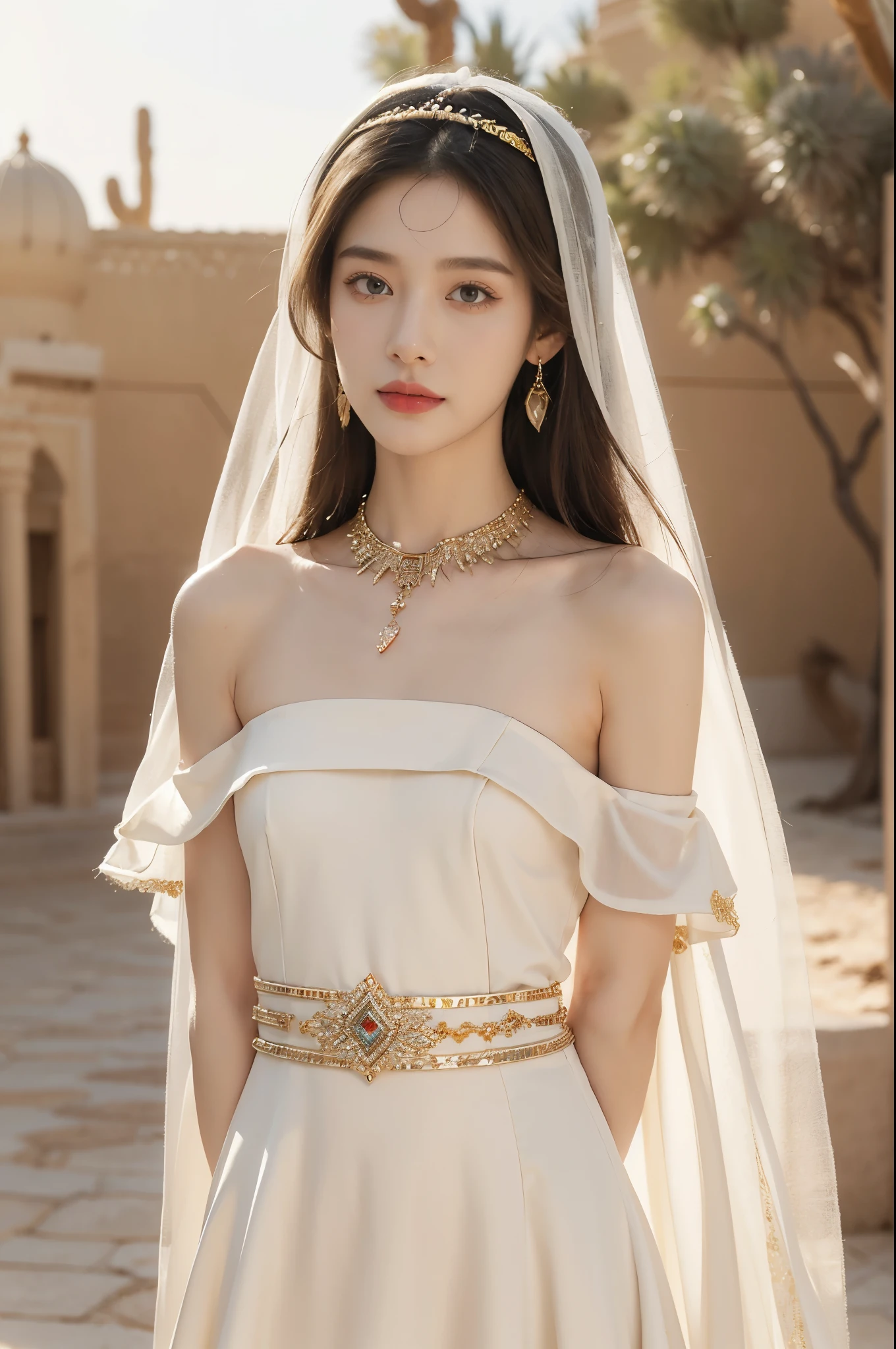 (((best quality))),(((ultra detailed))),(((masterpiece))),illustration,1girl, solo,princess, Arabic,slim,thin, ((palace, desert)),gold, gemstones,headscarf, veil on face,white sheer traditional clothing, hairband, deep eyes, elegant face, subtle smile,earrings,necklace,slender legs,sunlight, shining, serene, environment,day scene,out door,standing,((upper body,from front)),((small breasts,flat chest,arms behind back))
