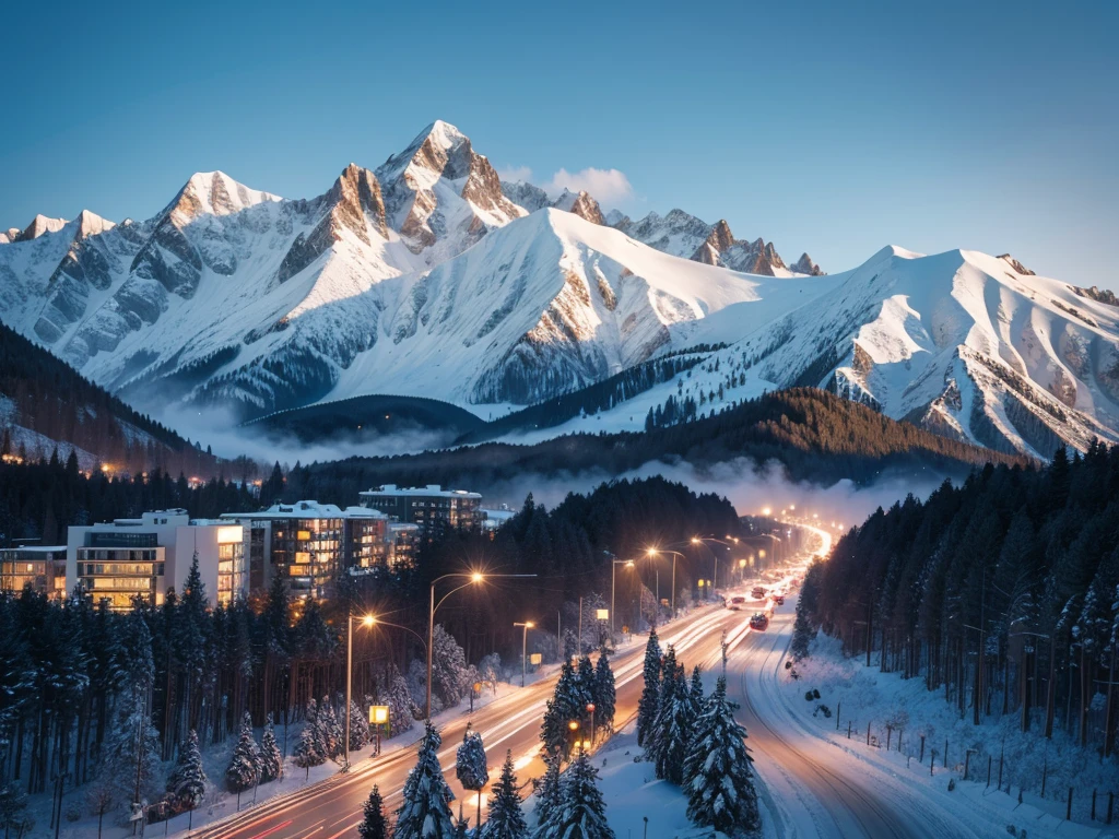 8K HD quality,Forest snow mountain city high-rise street