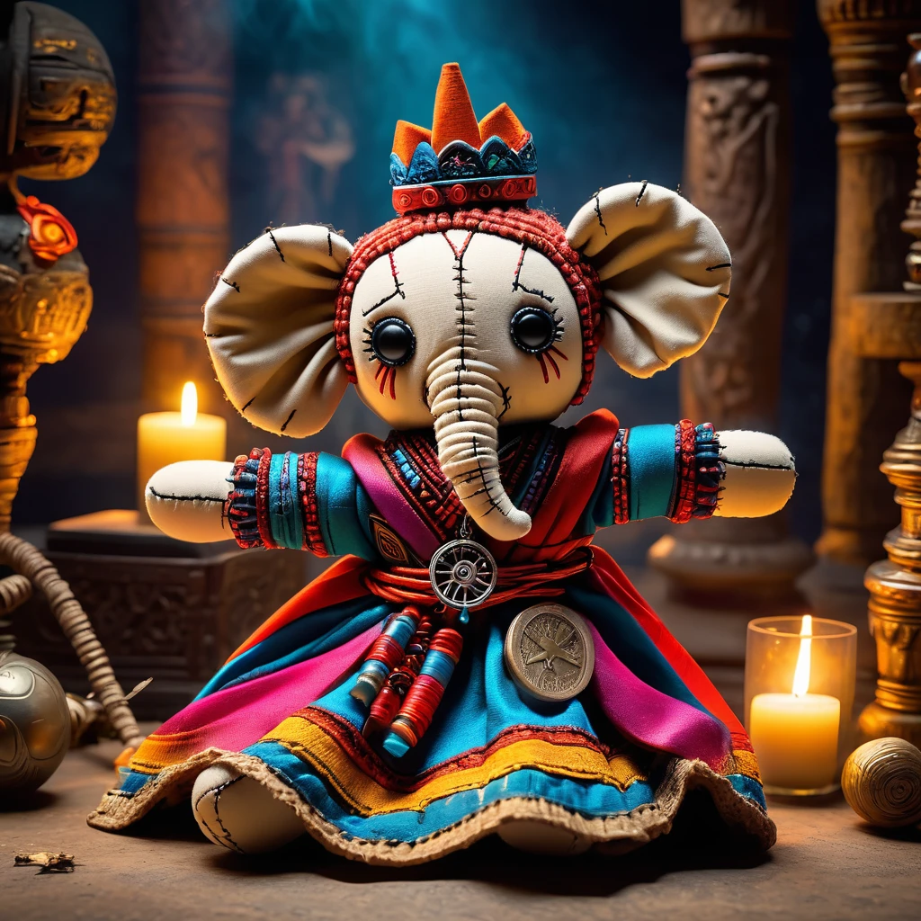 (knitted toy voodoo doll:1.9), (Voodoo Elephant:1.2), (Memory Keeper:1.3), (Clothing: ornate robe with glowing memory symbols:1.0), (Accessories: enchanted amulet emitting sparks of memory magic, levitating spectral memories:1.1), (background: ancient ruins with floating artifacts, glowing symbols, and spectral memories:1.2), best quality, masterpiece, detailed soft oil painting, detailed background, dramatic cinematic lighting, soft edge lighting, professional, dramatic lighting, hard edge lighting, ultra quality, 4k,masterpiece, best quality, 8k, ultra highres, highres, extremely detailed