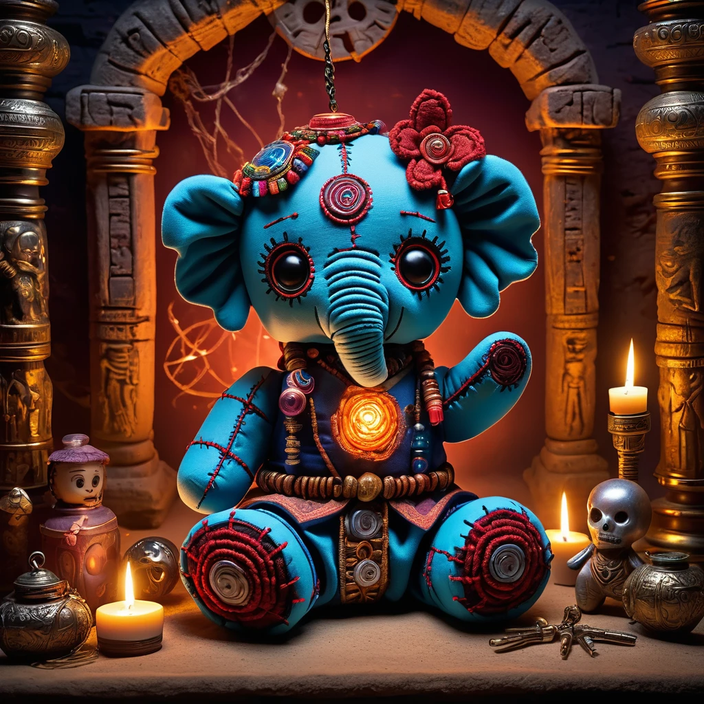 (knitted toy voodoo doll:1.9), (Voodoo Elephant:1.2), (Memory Keeper:1.3), (Clothing: ornate robe with glowing memory symbols:1.0), (Accessories: enchanted amulet emitting sparks of memory magic, levitating spectral memories:1.1), (background: ancient ruins with floating artifacts, glowing symbols, and spectral memories:1.2), best quality, masterpiece, detailed soft oil painting, detailed background, dramatic cinematic lighting, soft edge lighting, professional, dramatic lighting, hard edge lighting, ultra quality, 4k,masterpiece, best quality, 8k, ultra highres, highres, extremely detailed