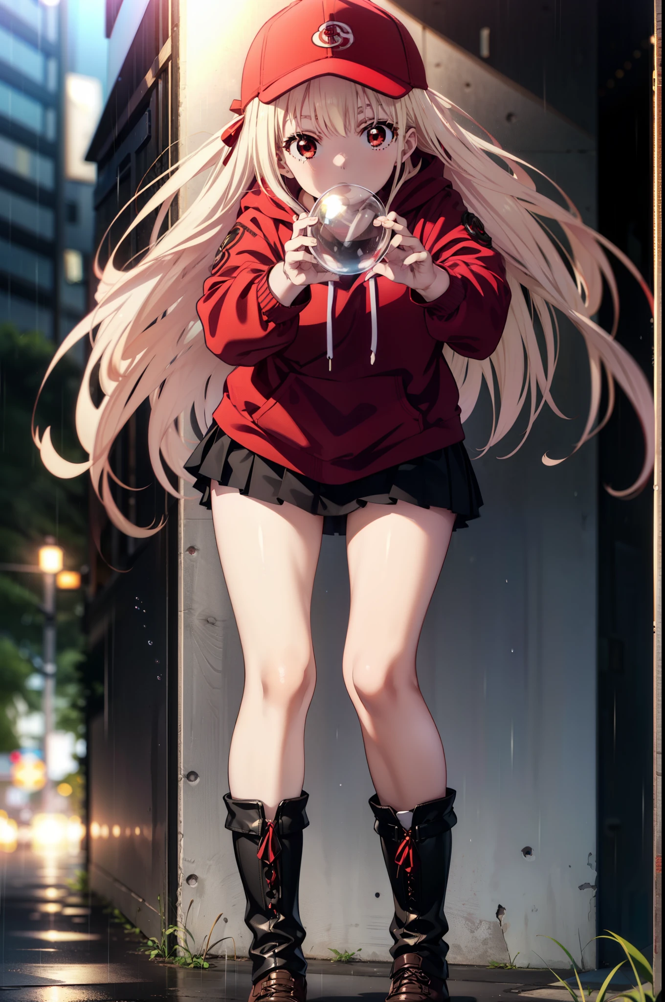 , Chisato Nishikigi, length, bangs, blonde, (Red eyes:1.5), Baseball cap,Oversized red hoodie,mini skirt,Black knee socks,short boots,Standing leaning against a wall,rain,cloudy,Hide under the roof,whole bodyがイラストに入るように,Blowing bubble gum,
break outdoors, alley,
break looking at viewer, whole body,
break (masterpiece:1.2), Highest quality, High resolution, unity 8k wallpaper, (shape:0.8), (Beautiful attention to detail:1.6), extレムely detailed face, Perfect lighting, extレムely detailed CG, (Perfect hands, Perfect Anatomy),