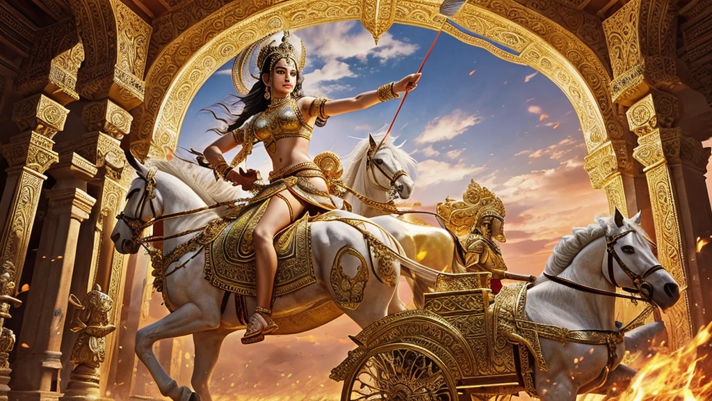 Depict a grand and ornate chariot driven by Lord Krishna in an ancient battlefield setting. The chariot should be golden with intricate carvings, adorned with jewels and divine symbols. Krishna, with his serene and divine appearance, is holding the reins, guiding four magnificent white horses. His aura radiates divinity and calmness amidst the chaos of the battlefield. Arjuna, the warrior prince, stands beside Krishna, holding a bow and arrow, looking determined. The background should show a vast battlefield with soldiers and chariots, creating an epic and historical atmosphere."