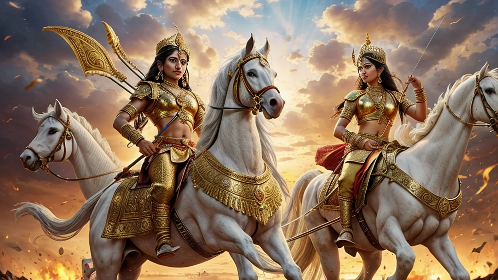 Depict a grand and ornate chariot driven by Lord Krishna in an ancient battlefield setting. The chariot should be golden with intricate carvings, adorned with jewels and divine symbols. Krishna, with his serene and divine appearance, is holding the reins, guiding four magnificent white horses. His aura radiates divinity and calmness amidst the chaos of the battlefield. Arjuna, the warrior prince, stands beside Krishna, holding a bow and arrow, looking determined. The background should show a vast battlefield with soldiers and chariots, creating an epic and historical atmosphere."