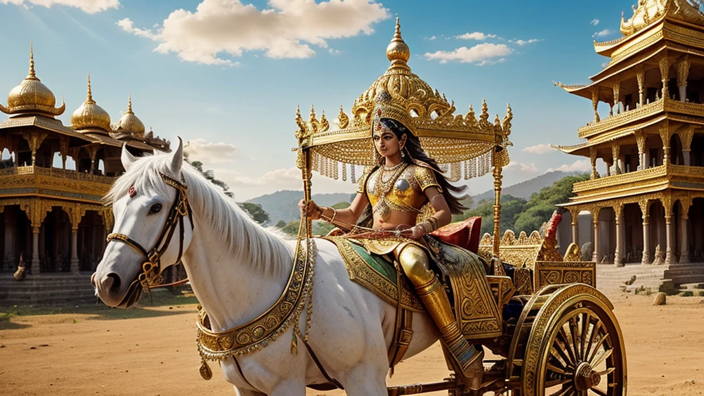 Depict a grand and ornate chariot driven by Lord Krishna in an ancient battlefield setting. The chariot should be golden with intricate carvings, adorned with jewels and divine symbols. Krishna, with his serene and divine appearance, is holding the reins, guiding four magnificent white horses. His aura radiates divinity and calmness amidst the chaos of the battlefield. Arjuna, the warrior prince, stands beside Krishna, holding a bow and arrow, looking determined. The background should show a vast battlefield with soldiers and chariots, creating an epic and historical atmosphere."