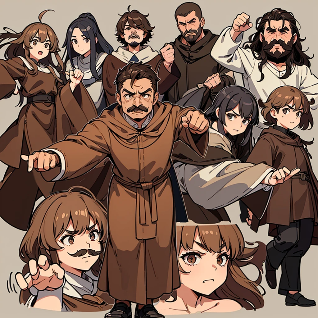 Highest quality, Best Quality,Best illustrations、middle ages、(((Simple brown robe)))、(40-year-old uncle、Kaiser moustache)、(Various expressions、Open your mouth wide)、Dramatic Angle、(Fighting stance、Movement angle、Flighting Pose)、(Black leather shoes)
