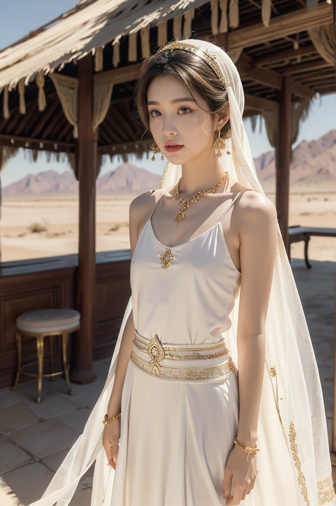 (((best quality))),(((ultra detailed))),(((masterpiece))),illustration,1girl, solo,princess, Arabic,slim,thin, ((palace, desert)),gold, gemstones,headscarf, veil on face,white sheer traditional clothing, hairband, deep eyes, elegant face, subtle smile,earrings,necklace,bare legs,sunlight, shining, serene, environment,day scene,out door,standing,from front,((small breasts,flat chest,arms behind back))