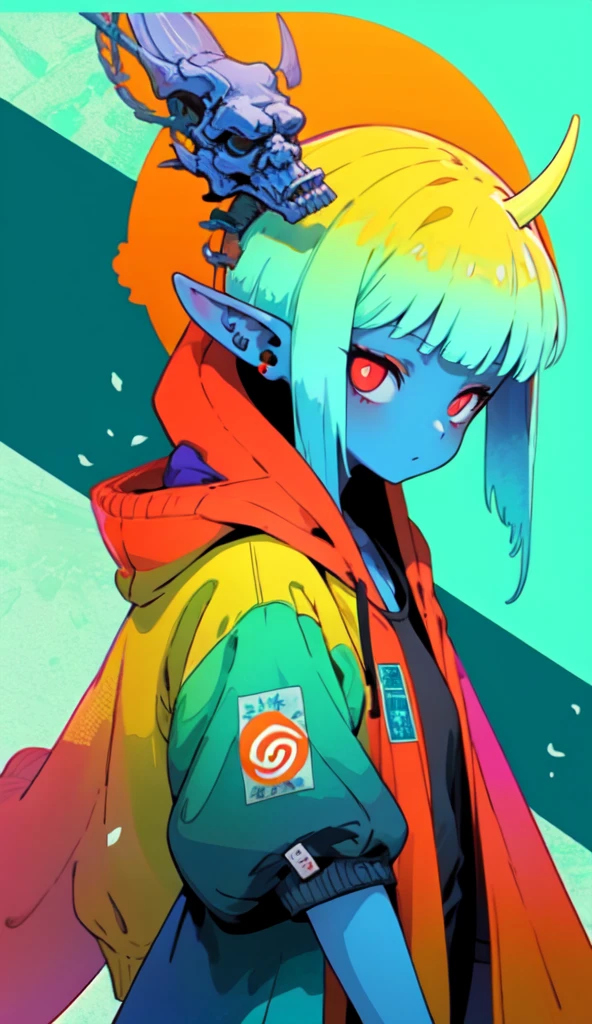 oniNFT, solo, 1girl, horns, female focus, colored skin, street clothes, hoodie, tight leggings, colored sclera, pointy ears, blue skin, upper body  