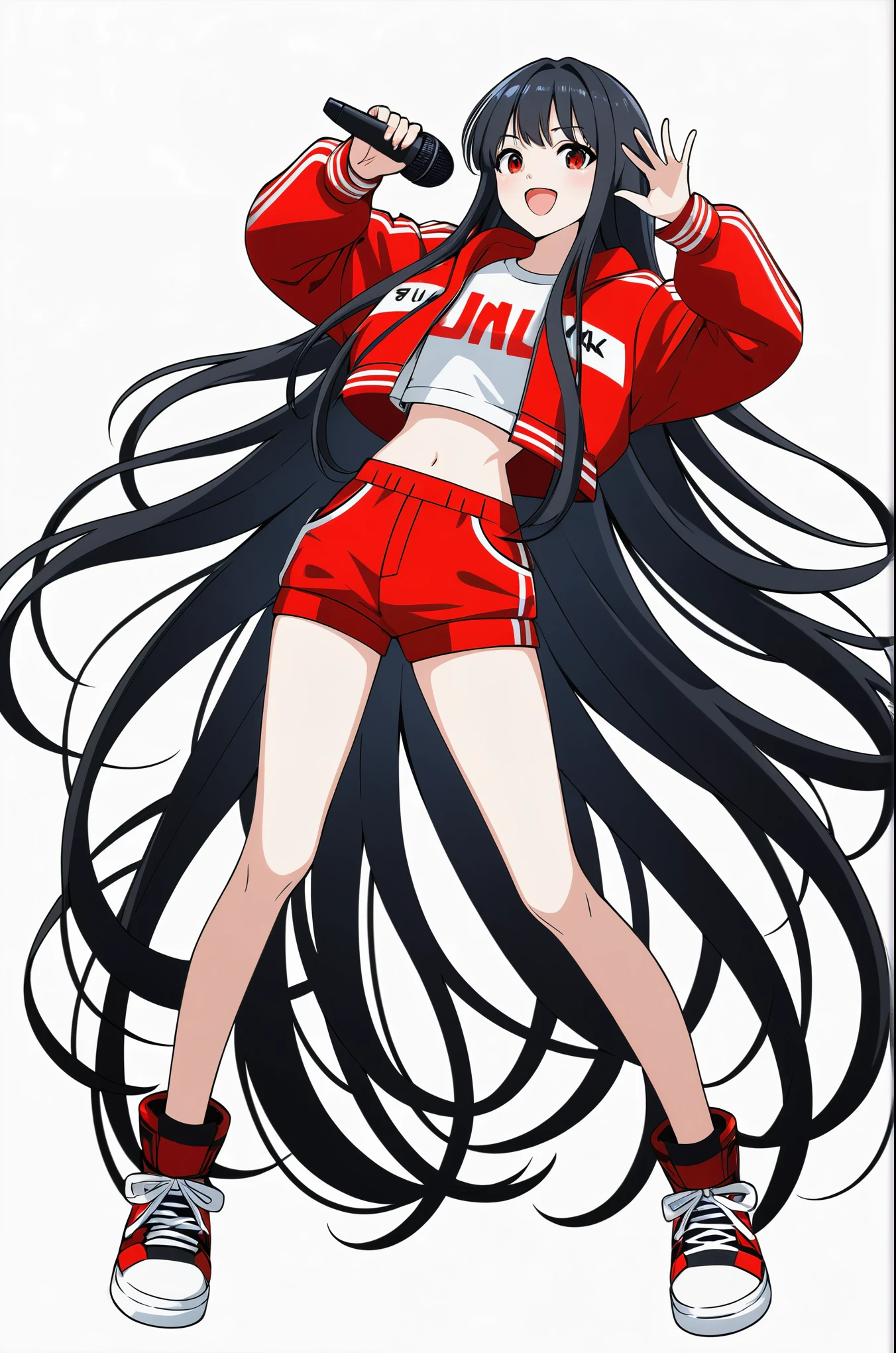 Background white, White background, ((((White background)))), ((((Full body)))), Black Hair, Long Hair, Anime Style, beautiful girl, Red eyes, Hip Hop Clothes, Red clothes, Hold the microphone, Dynamic Angle, 4K, 8K, smile, Open your mouth, singing, sexy, 