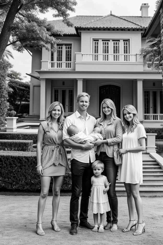 Mom with blonde hair with her 2 daughters with blonde hair and husband with brown hair and a  boy with brown hair standing outside a mega mansion that is black and white 