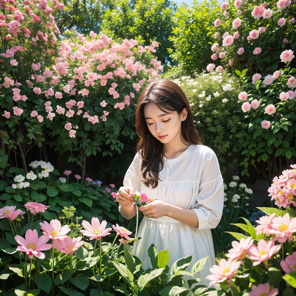 spring has arrived, a girl is busy taking care of flowers in the small garden in her yard, sunlight exposure, warm color, vibrant, beauty, peaceful, high quality, Ultra HD, 4k, 8k, hyper detailed, extreme detail description